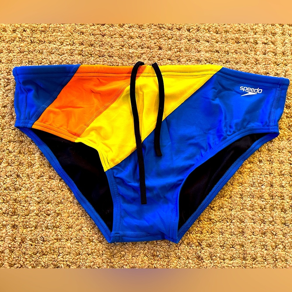 Blue, yellow, orange Speedo swim brief Size 38 NWOT